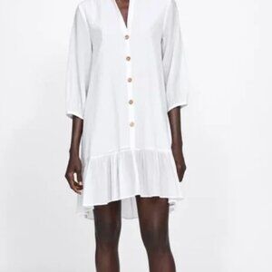 ZARA White V-Neck Button High Low Mini 3/4 Sleeve Dress